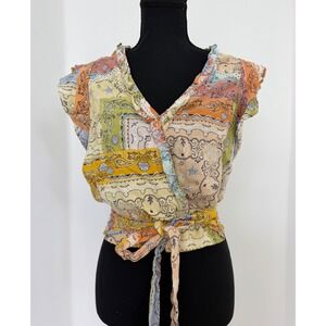Paisley Bandana Patchwork Boho Linen Blend Wrap Top Rachel Zoe Ruffle  70s Small